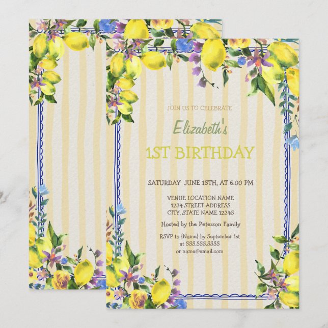 Watercolor Lemons Flowers Yellow Stripes Birthday  Invitation (Front/Back)
