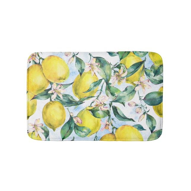 Watercolor lemons, fresh citrus branch. bath mat (Front)