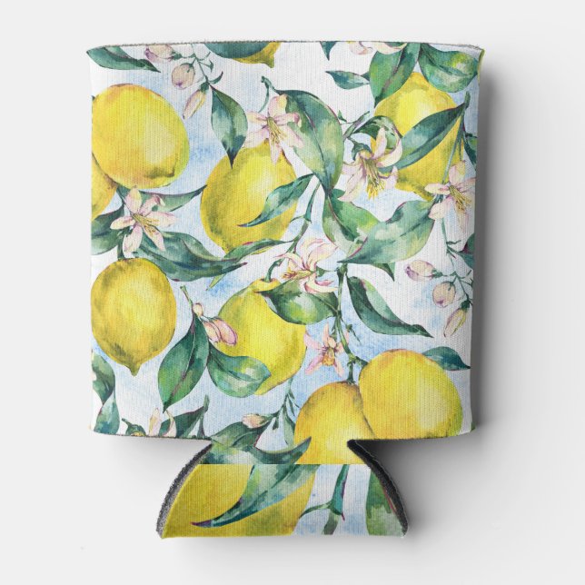 Watercolor lemons, fresh citrus branch. can cooler (Front)