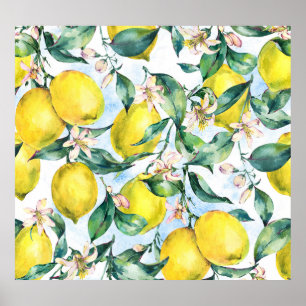 Watercolor lemons, fresh citrus branch. poster