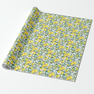 Watercolor lemons, fresh citrus branch. wrapping paper