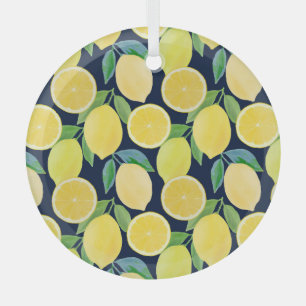 Watercolor Lemons: Fresh Pattern Illustration Glass Ornament