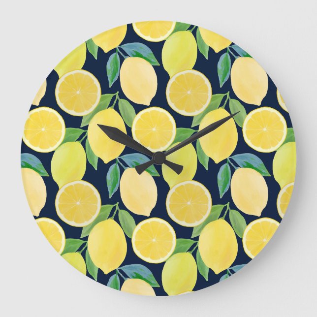 Watercolor Lemons: Fresh Pattern Illustration Large Clock (Front)
