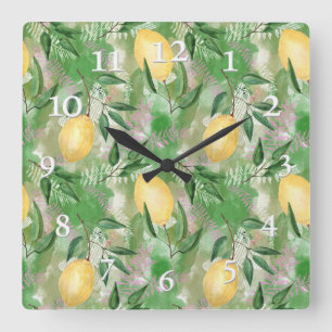Watercolor lemons fruit citrus nature fresh yellow square wall clock