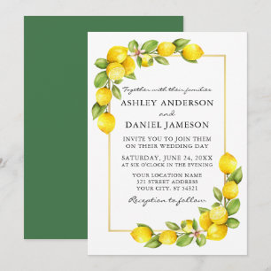 Watercolor Lemons Gold Frame Greenery Wedding Invitation