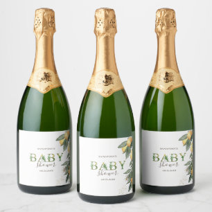 Watercolor Lemons Green Baby Shower Sparkling Wine Label