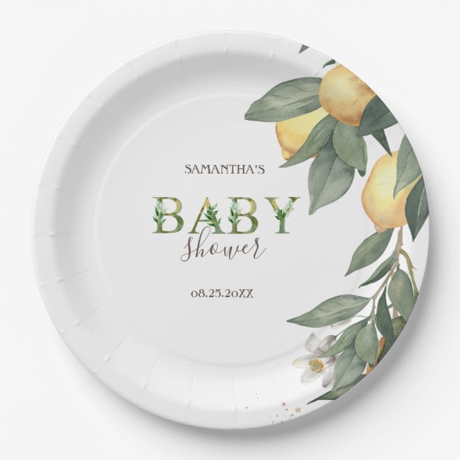 Watercolor Lemons Green Paper Plate (Front)