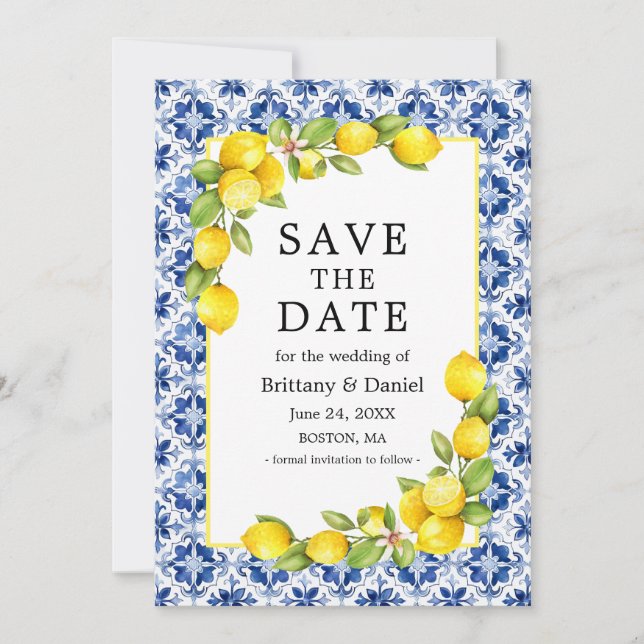 Watercolor Lemons Greenery Blue Tile Save The Date (Front)