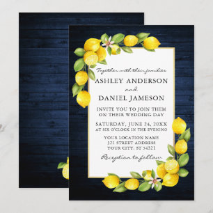 Watercolor Lemons Greenery Blue Wood Wedding Invitation