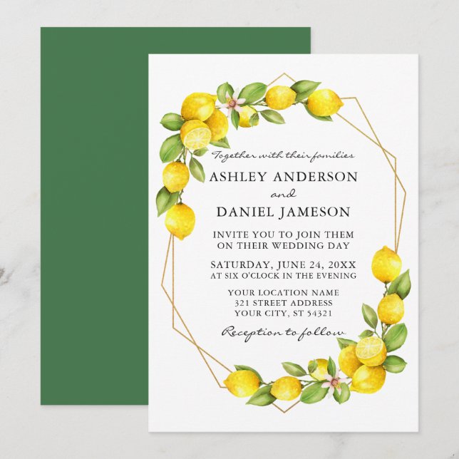 Watercolor Lemons Greenery Geo Frame Green Wedding Invitation (Front/Back)