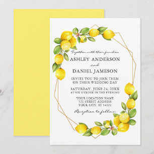 Watercolor Lemons Greenery Geo Frame Wedding Invitation
