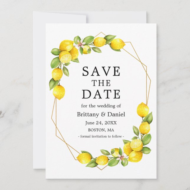 Watercolor Lemons Greenery Gold Geo Frame  Save The Date (Front)