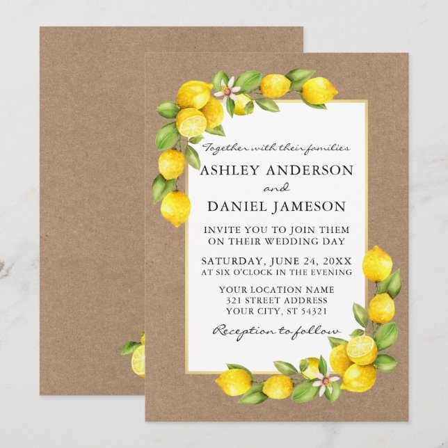 Watercolor Lemons Greenery Kraft Wedding Invitation (Front/Back)