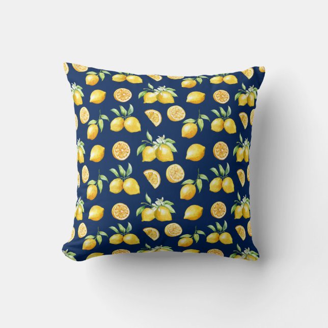 Watercolor Lemons Greenery on Navy Background | Throw Pillow (Front)