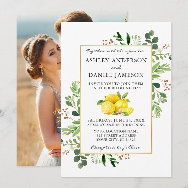 Watercolor Lemons Greenery Photo Back Wedding Invitation (Front/Back)