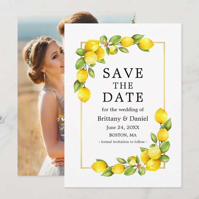 Watercolor Lemons Greenery Photo Gold Frame Save The Date (Front/Back)