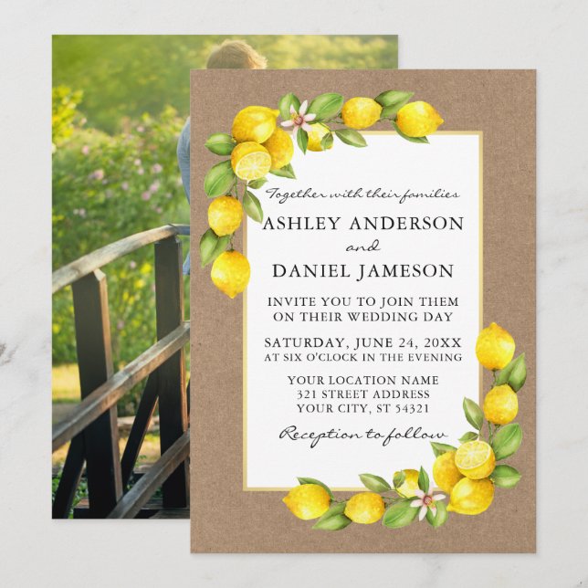Watercolor Lemons Greenery Photo Kraft Wedding Invitation (Front/Back)