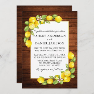 Watercolor Lemons Greenery Wood Wedding Invitation