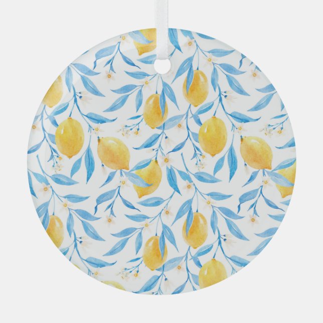 Watercolor lemons: hand-drawn pattern. glass ornament (Front)