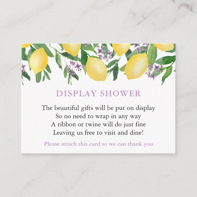 Watercolor Lemons Lavender Text Display Shower Enclosure Card (Front)