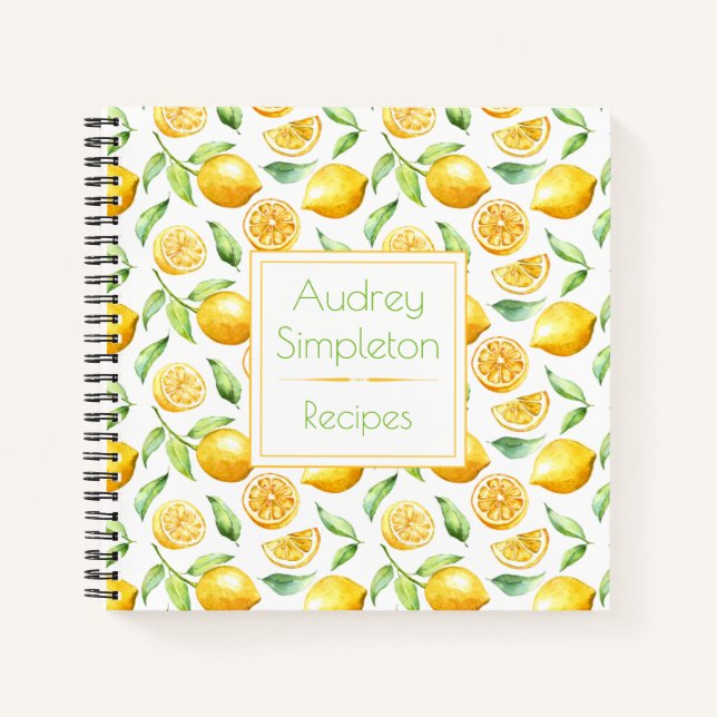 Watercolor Lemons Leaves Square Recipe Book | (Front)