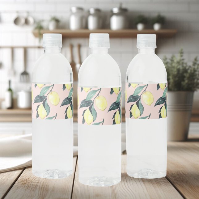 Watercolor Lemons & Leaves Yellow Seamless Pattern Water Bottle Label (Creator Uploaded)