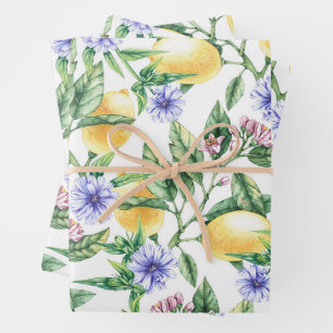 Watercolor Lemons, Lemon Blossom and Cornflowers  Wrapping Paper Sheet