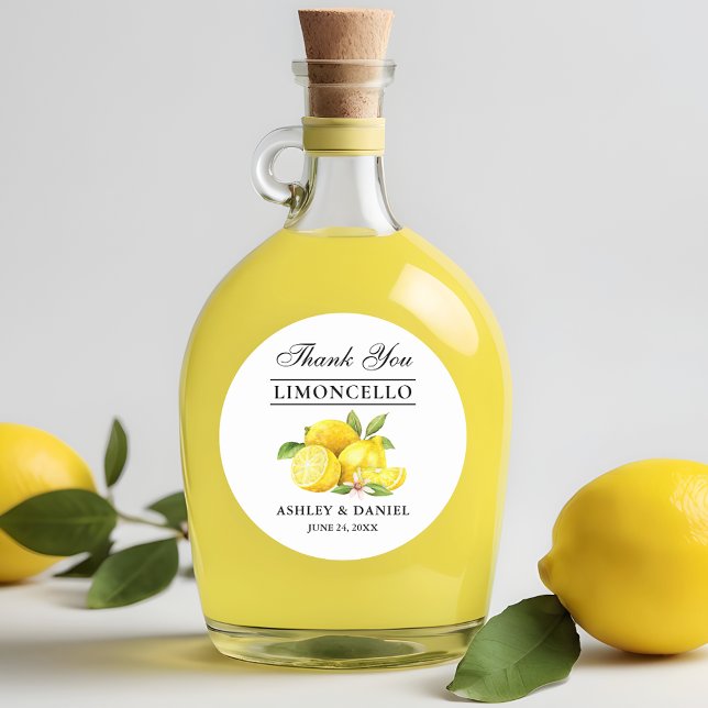 Watercolor Lemons Limoncello Wedding Classic Round Sticker (Customize to change text size, color or text style.)