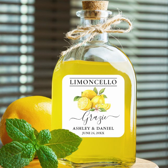 Watercolor Lemons Limoncello Wedding Grazie Square Sticker (Customize to change text size or text style.)