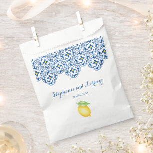 Watercolor Lemons Mediterranean Tile Blue Wedding Favour Bag