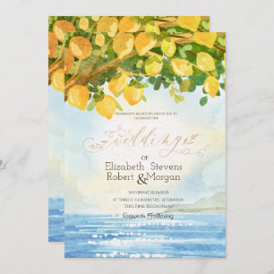 Watercolor Lemons Ocean Wedding Invitation