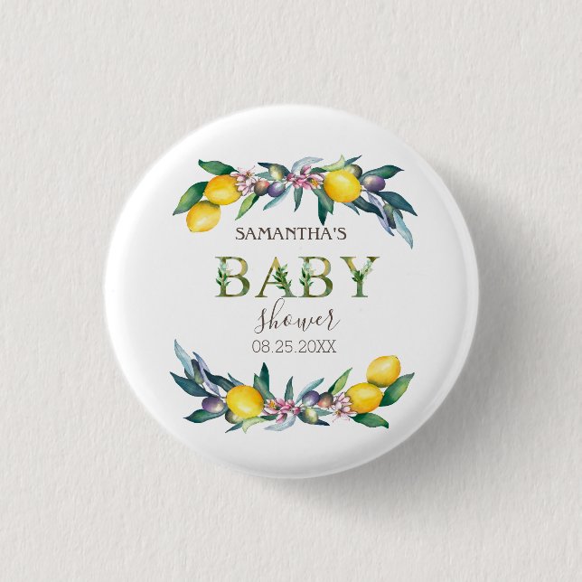 Watercolor Lemons Olives Baby Shower   1 Inch Round Button (Front)