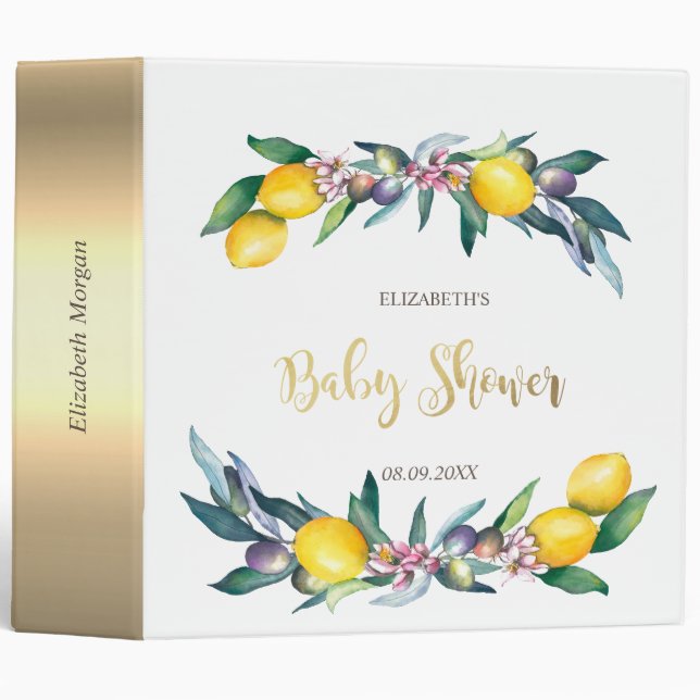 Watercolor Lemons Olives Baby Shower  Binder (Front/Spine)