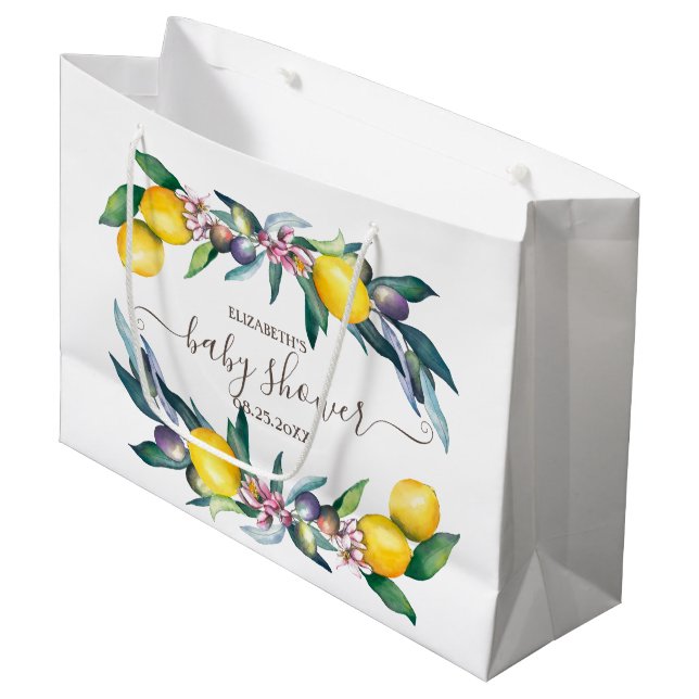 Watercolor Lemons Olives Baby Shower Large Gift Bag (Front Angled)