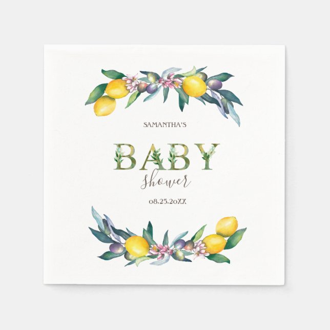 Watercolor Lemons Olives Baby Shower   Napkin (Front)