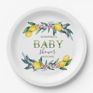Watercolor Lemons Olives Baby Shower Paper Plate