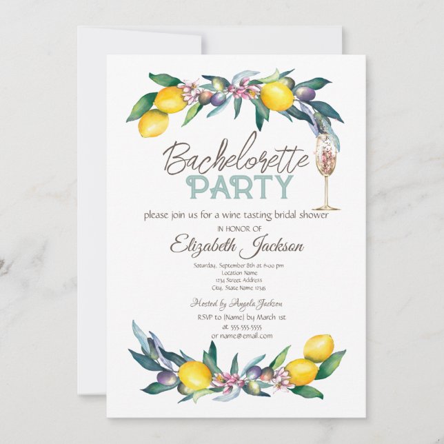 Watercolor Lemons Olives Glass Bachelorette   Invitation (Front)