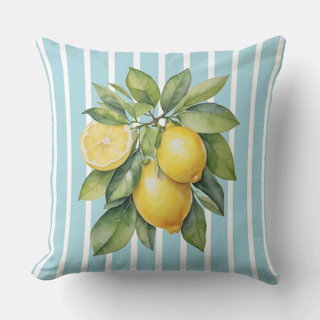 Watercolor Lemons on Blue Striped Background Throw Pillow (Front)