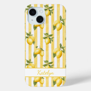 Watercolor Lemons On Yellow Stripes Monogrammed iPhone 15 Case