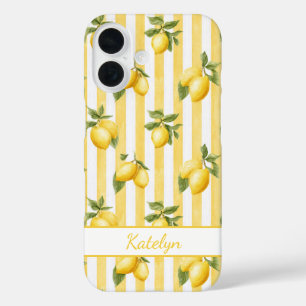 Watercolor Lemons On Yellow Stripes Monogrammed iPhone 16 Case