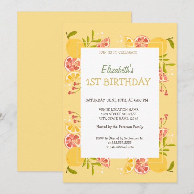 Watercolor Lemons Orange Birthday  Invitation (Front/Back)