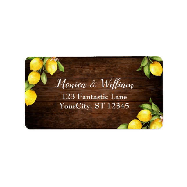 Watercolor Lemons Over Rustic Brown Wood Label (Front)