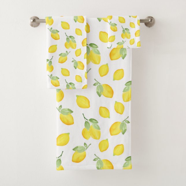 Watercolor Lemons Pattern Bath Towel Set (Insitu)