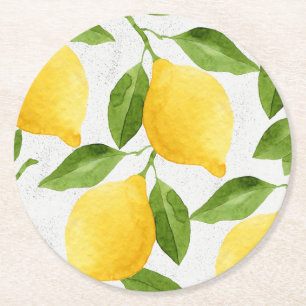 Watercolor lemons pattern round paper coaster