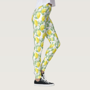Watercolor Lemons Pattern with Lemon Tree Leaves Leggings