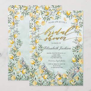 Watercolor Lemons Peacocks  Green Bridal Shower  Invitation