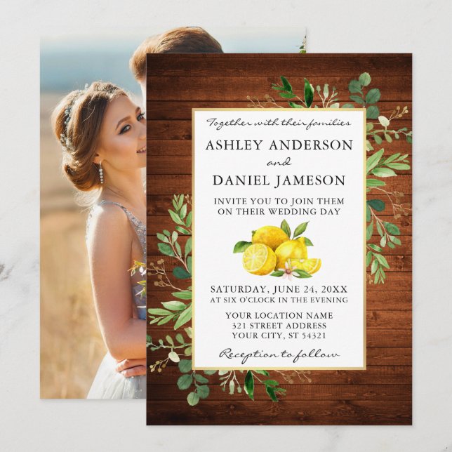 Watercolor Lemons Photo Wood Wedding Invitation (Front/Back)