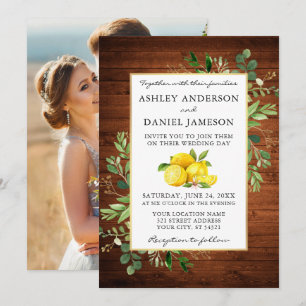 Watercolor Lemons Photo Wood Wedding Invitation