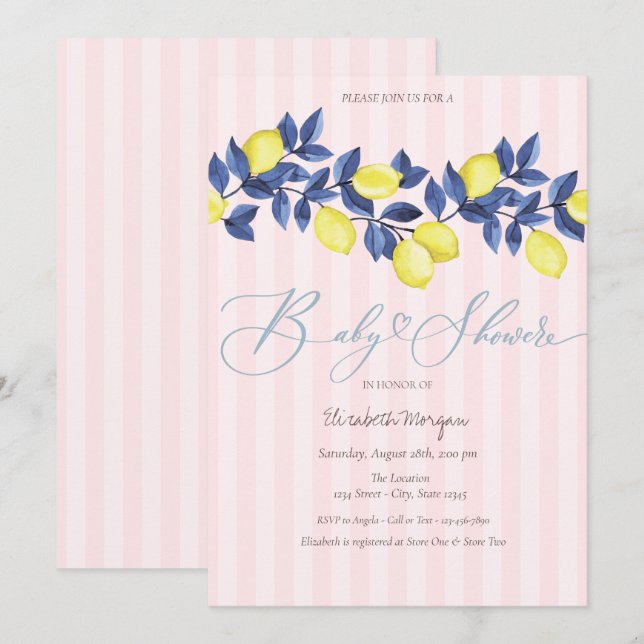  Watercolor Lemons Pink Striped Baby Shower Invitation (Front/Back)