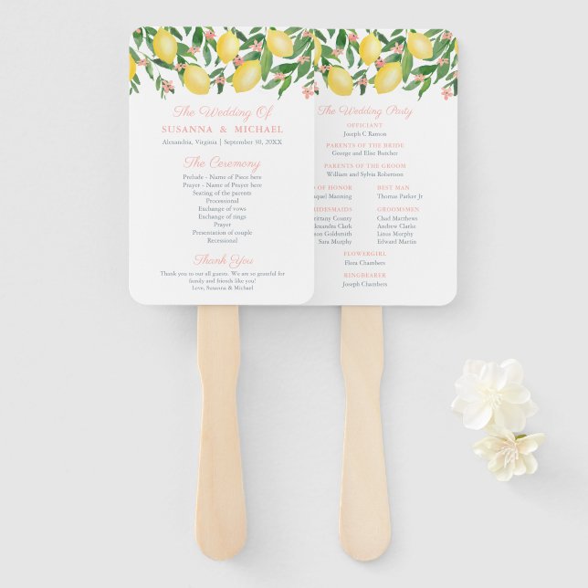 Watercolor Lemons Pink Text Wedding Program Hand Fan (Front and Back)